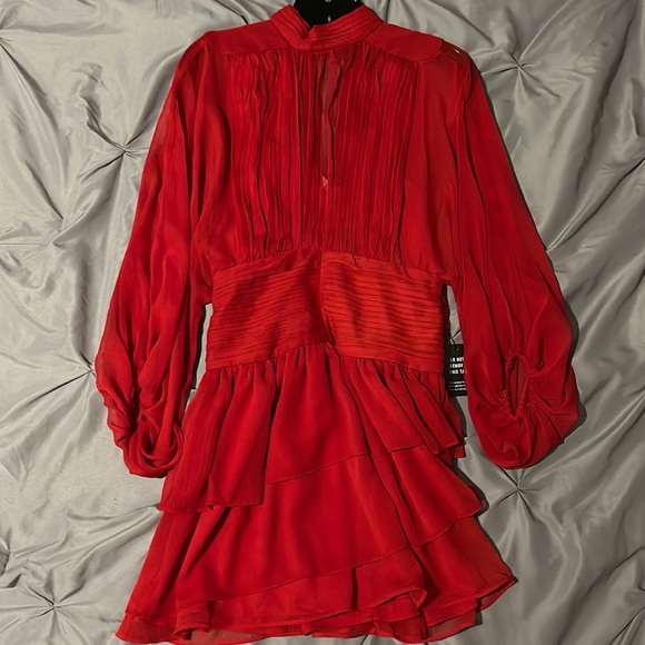 Express Mock Neck Long Sleeve Pleated Waist Tiered Ruffle Mini Red Dress - Picture 2 of 9